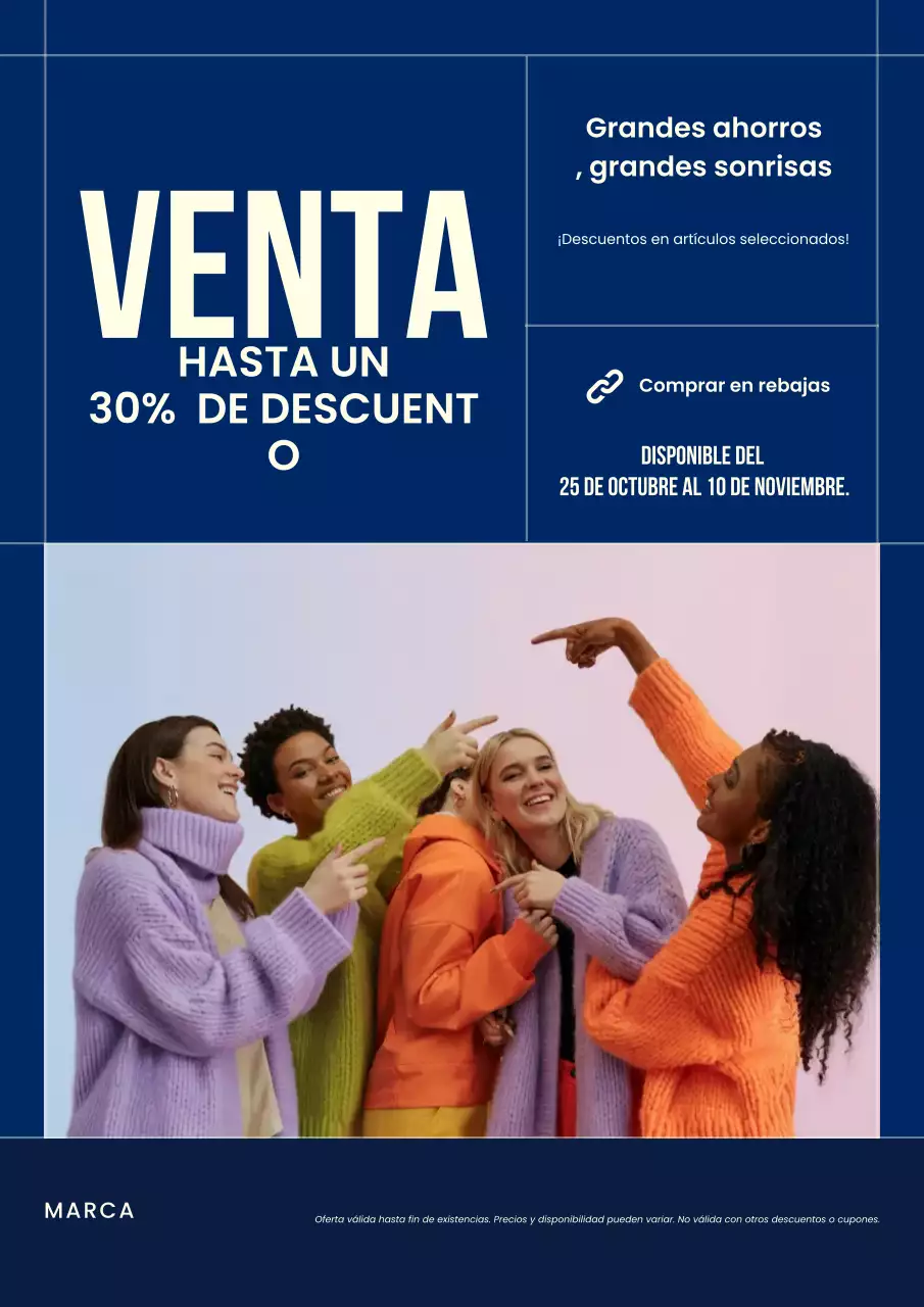 Póster de rebajas de Año Nuevo minimalista en azul y blanco con un diseño atrevido