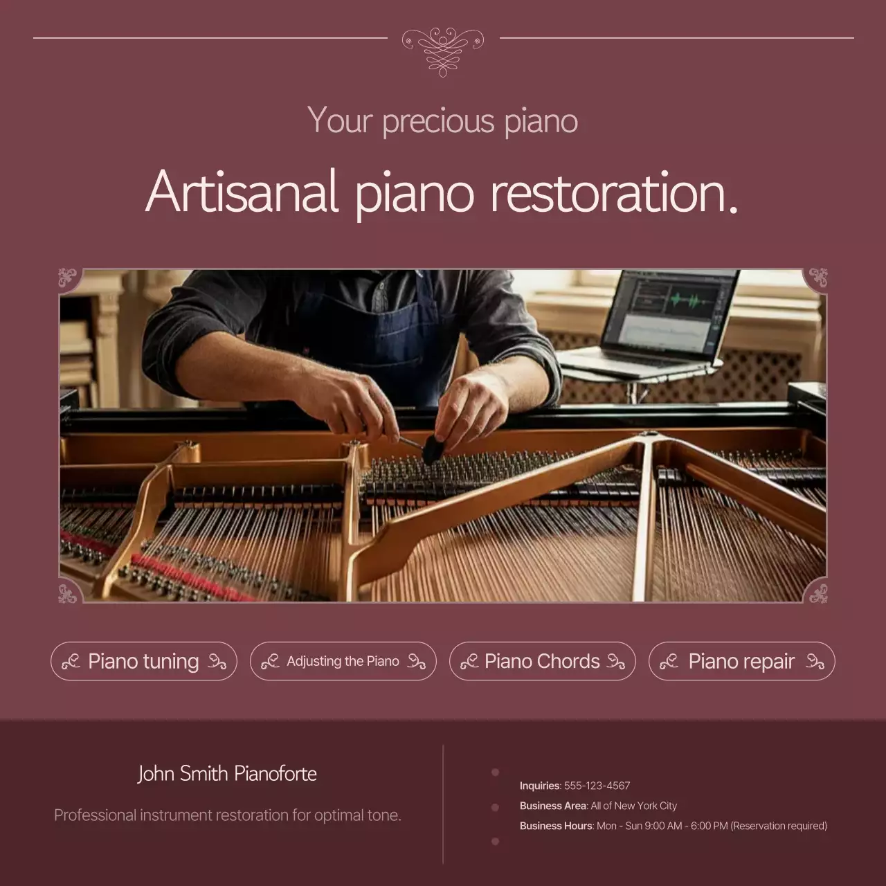 Classic burgundy piano tuning promotion