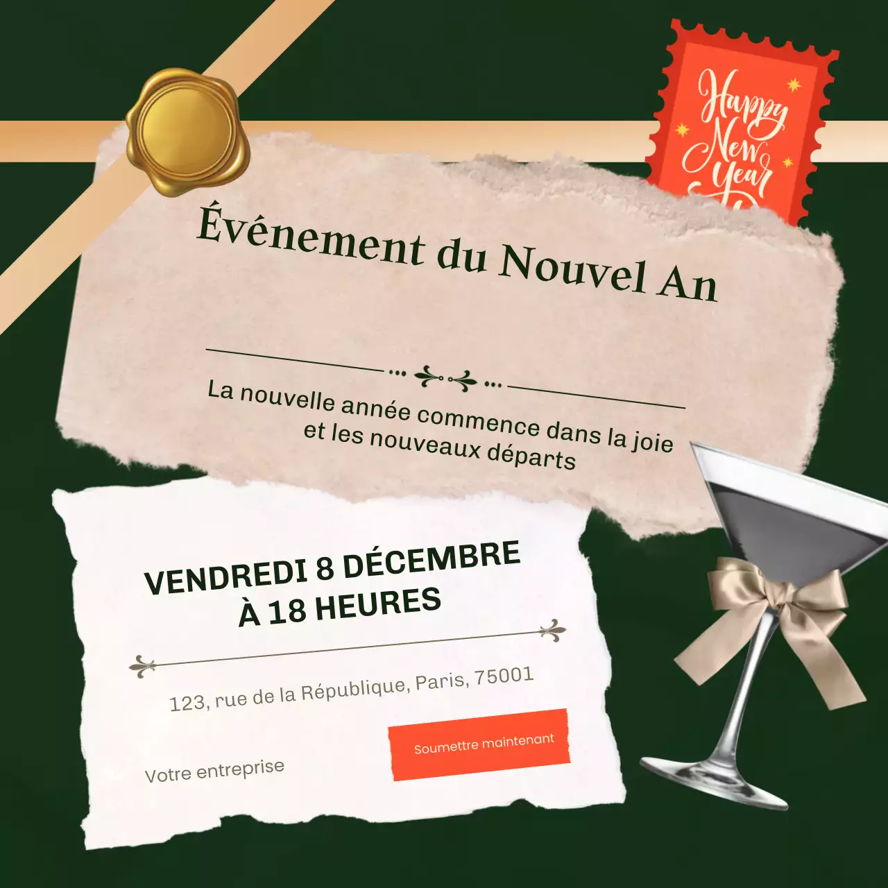 Événement minimaliste moderne vert et or pour le Nouvel An sur les réseaux sociaux