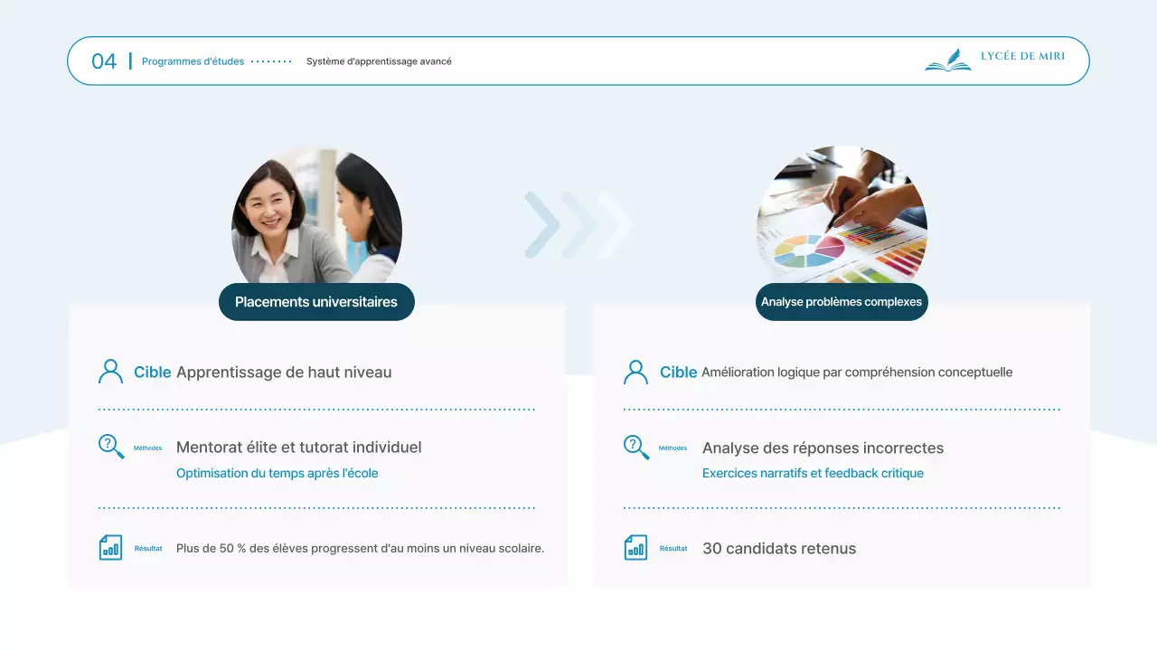 Documents de présentation pour la séance d'information sur l'entrée au lycée, qui se déroule dans un cadre épuré et bleu ciel.