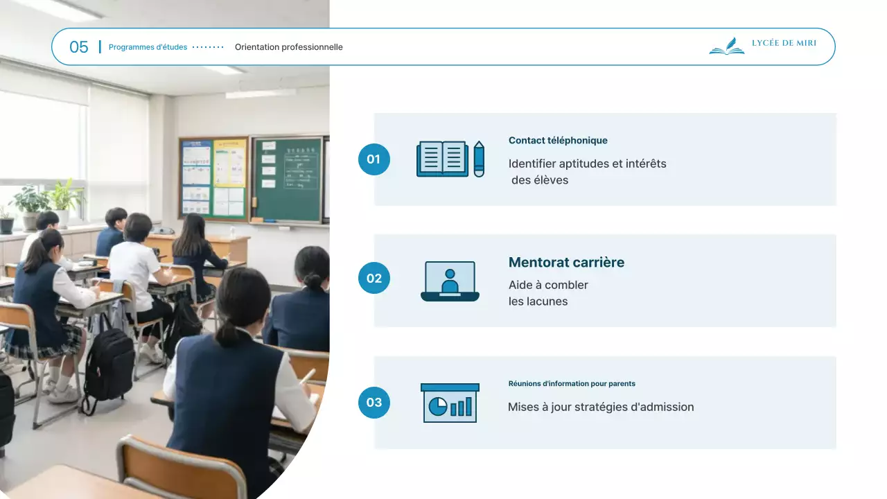 Documents de présentation pour la séance d'information sur l'entrée au lycée, qui se déroule dans un cadre épuré et bleu ciel.
