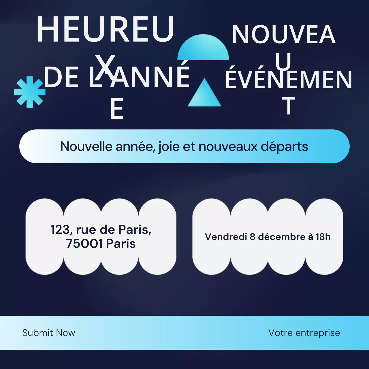 Événement géométrique bleu et blanc du Nouvel An sur les réseaux sociaux