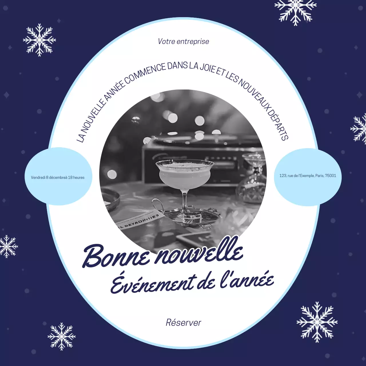 Événement du Nouvel An simple et ludique bleu et blanc sur les réseaux sociaux