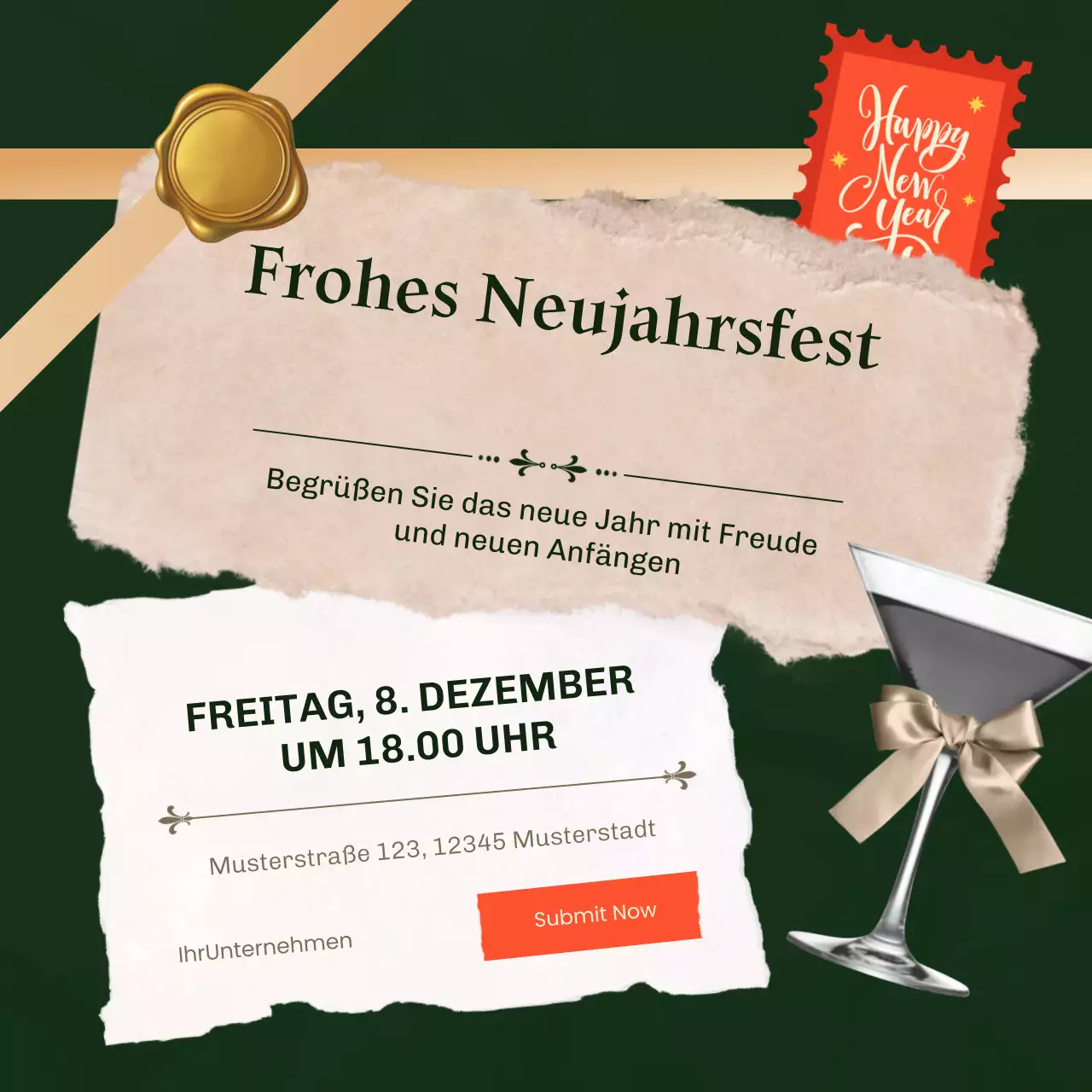 Grün-goldener, moderner, minimalistischer Social-Media-Platz für Neujahrsveranstaltungen