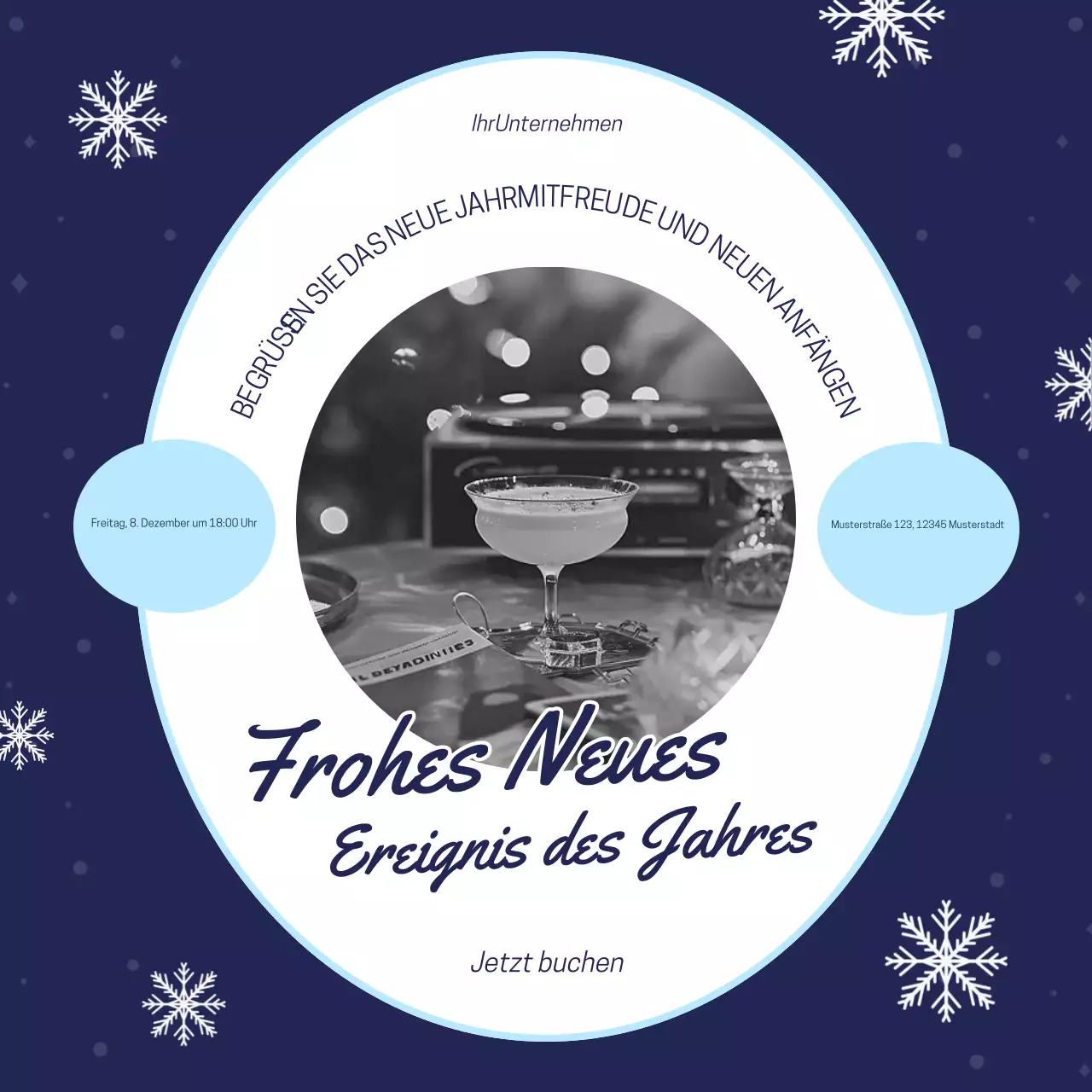 Blau-weißes, schlichtes und verspieltes Social-Media-Feld für Neujahrsveranstaltungen