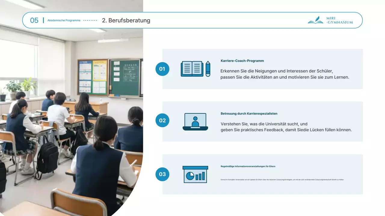 Präsentationsmaterialien für die Informationsveranstaltung zum Schuleingang der sauberen, himmelblauen High School