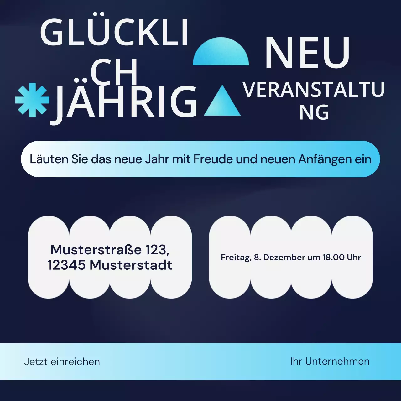 Blau-weißes geometrisches Social-Media-Feld für Neujahrsveranstaltungen