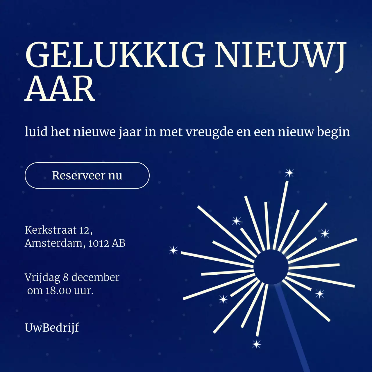 Blauw en wit minimalistisch nieuwjaarsevenement social media plein