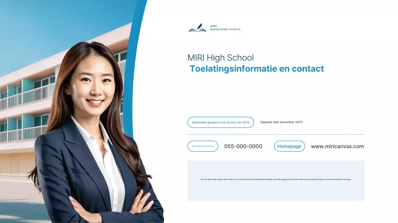 Presentatiemateriaal voor de schone, hemelsblauwe informatiebijeenkomst voor toelating tot de middelbare school