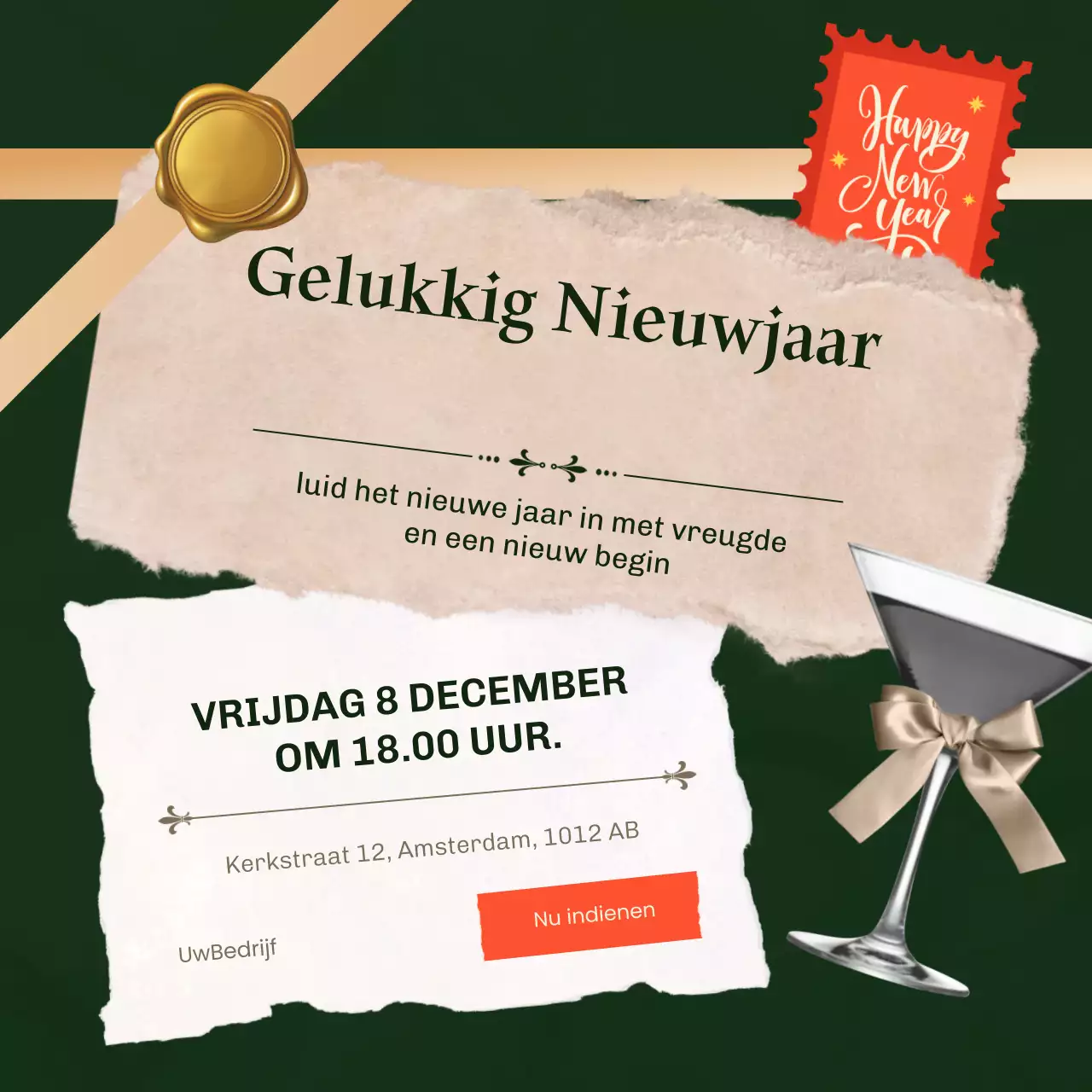 Groen en goud modern minimalistisch nieuwjaarsevenement social media plein