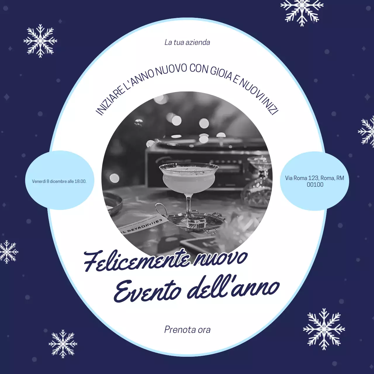 Evento di Capodanno semplice e giocoso in blu e bianco sui social media