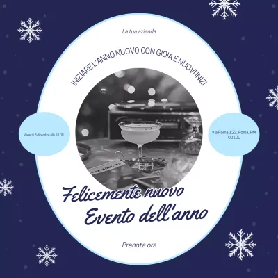 Evento di Capodanno semplice e giocoso in blu e bianco sui social media
