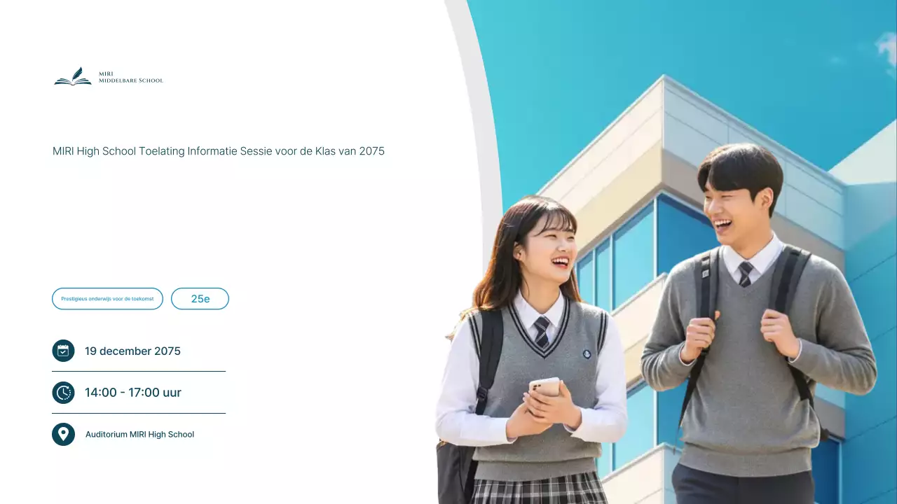 Presentatiemateriaal voor de schone, hemelsblauwe informatiebijeenkomst voor toelating tot de middelbare school