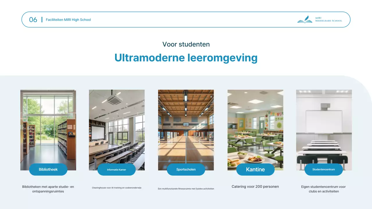 Presentatiemateriaal voor de schone, hemelsblauwe informatiebijeenkomst voor toelating tot de middelbare school