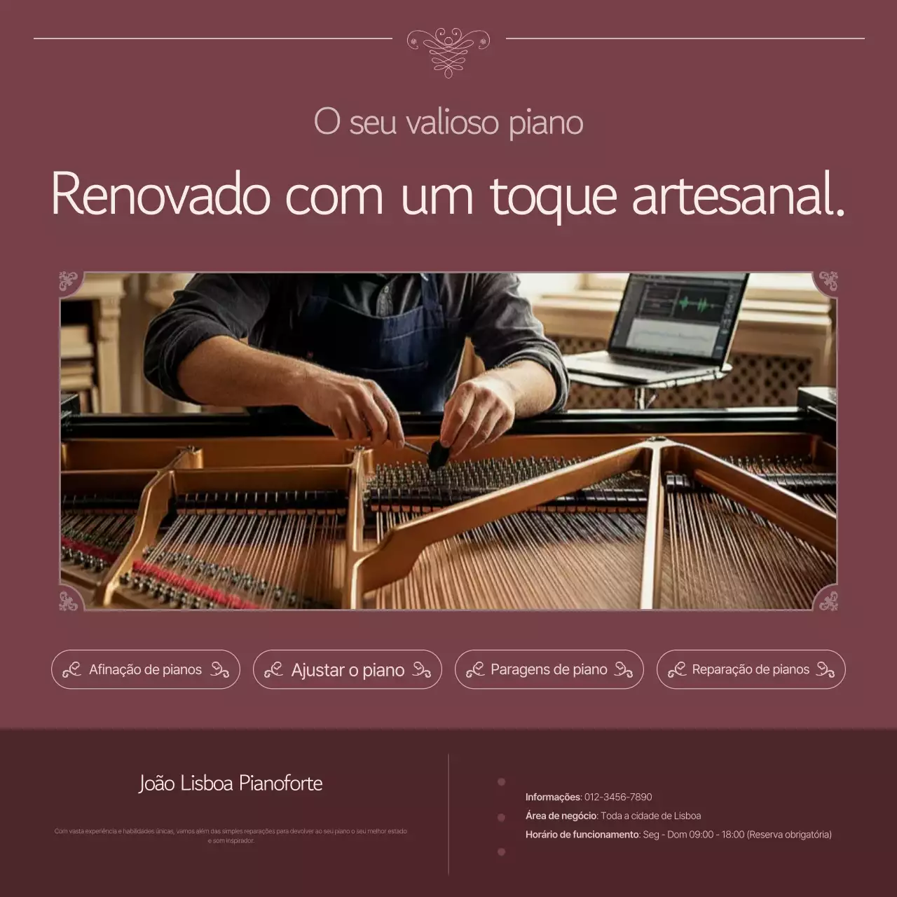 Promoção de afinação de pianos clássicos na cor bordô