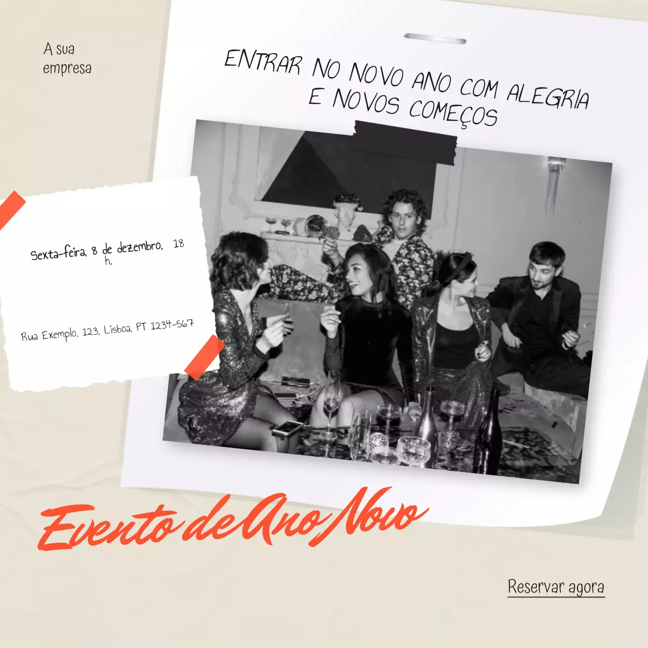Quadrado para mídia social de evento moderno de Ano Novo em tons de bege e vermelho