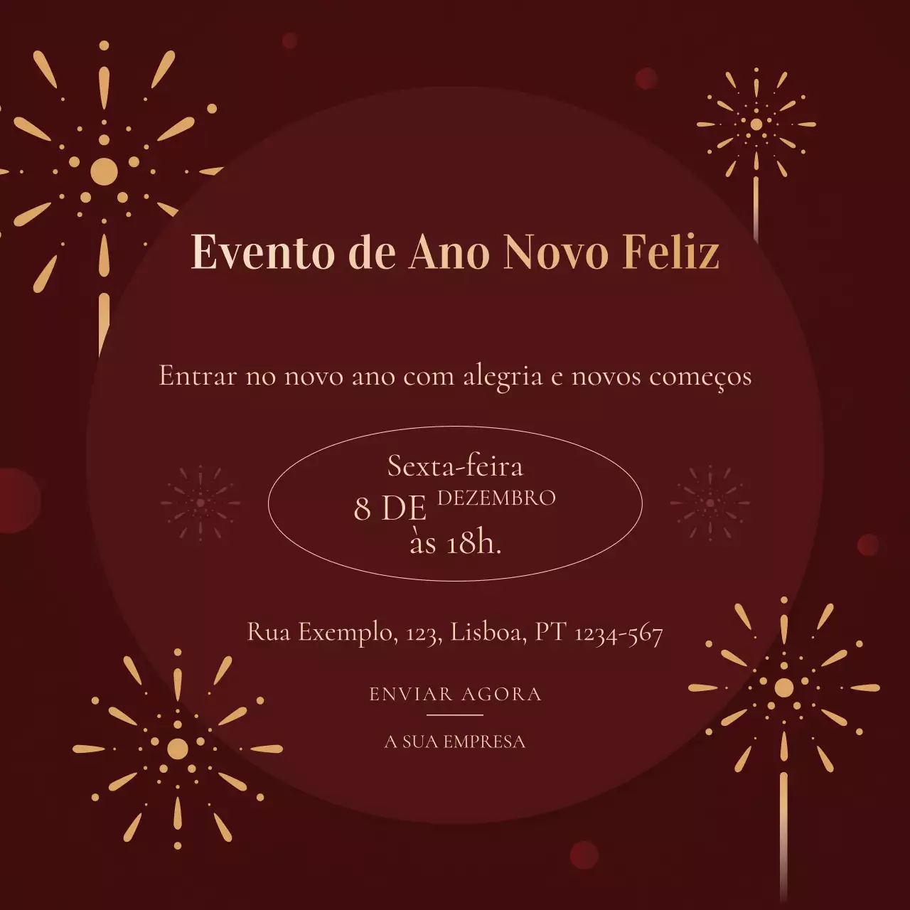 Quadrado para mídia social de evento de Ano Novo minimalista moderno em vermelho e dourado para o Ano Novo