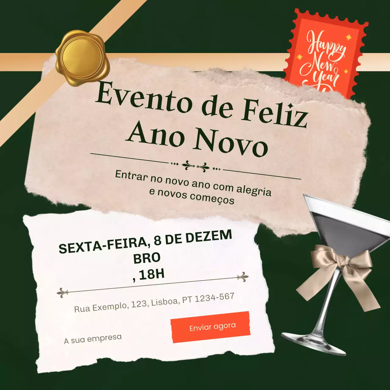 Quadrado para mídia social de evento de Ano Novo minimalista moderno em verde e dourado para o Ano Novo