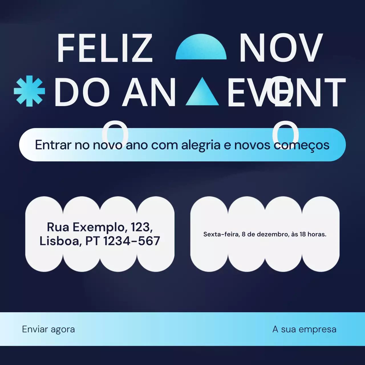 Quadrado geométrico azul e branco para mídia social do evento de Ano Novo