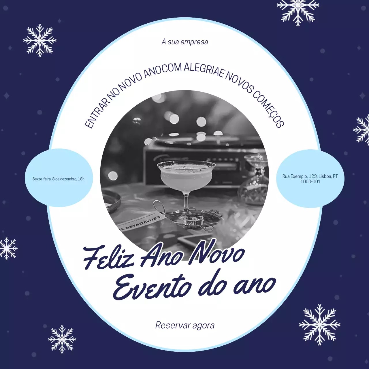 Quadrado para mídia social de evento de Ano Novo simples e divertido em azul e branco