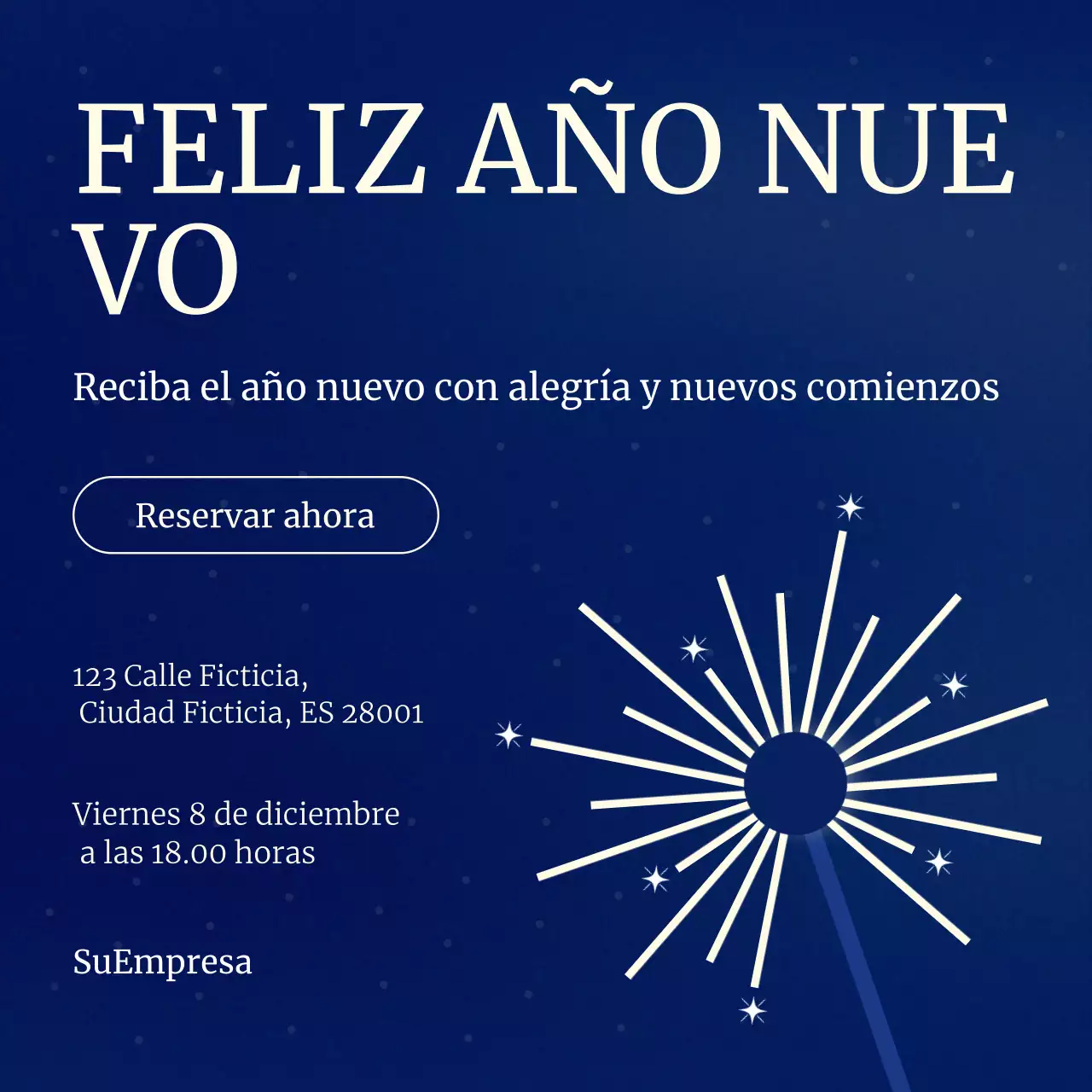 Cuadrado para redes sociales del evento minimalista de Año Nuevo en azul y blanco