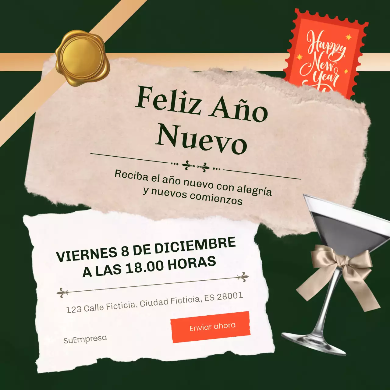 Evento de Año Nuevo minimalista moderno en verde y dorado para redes sociales