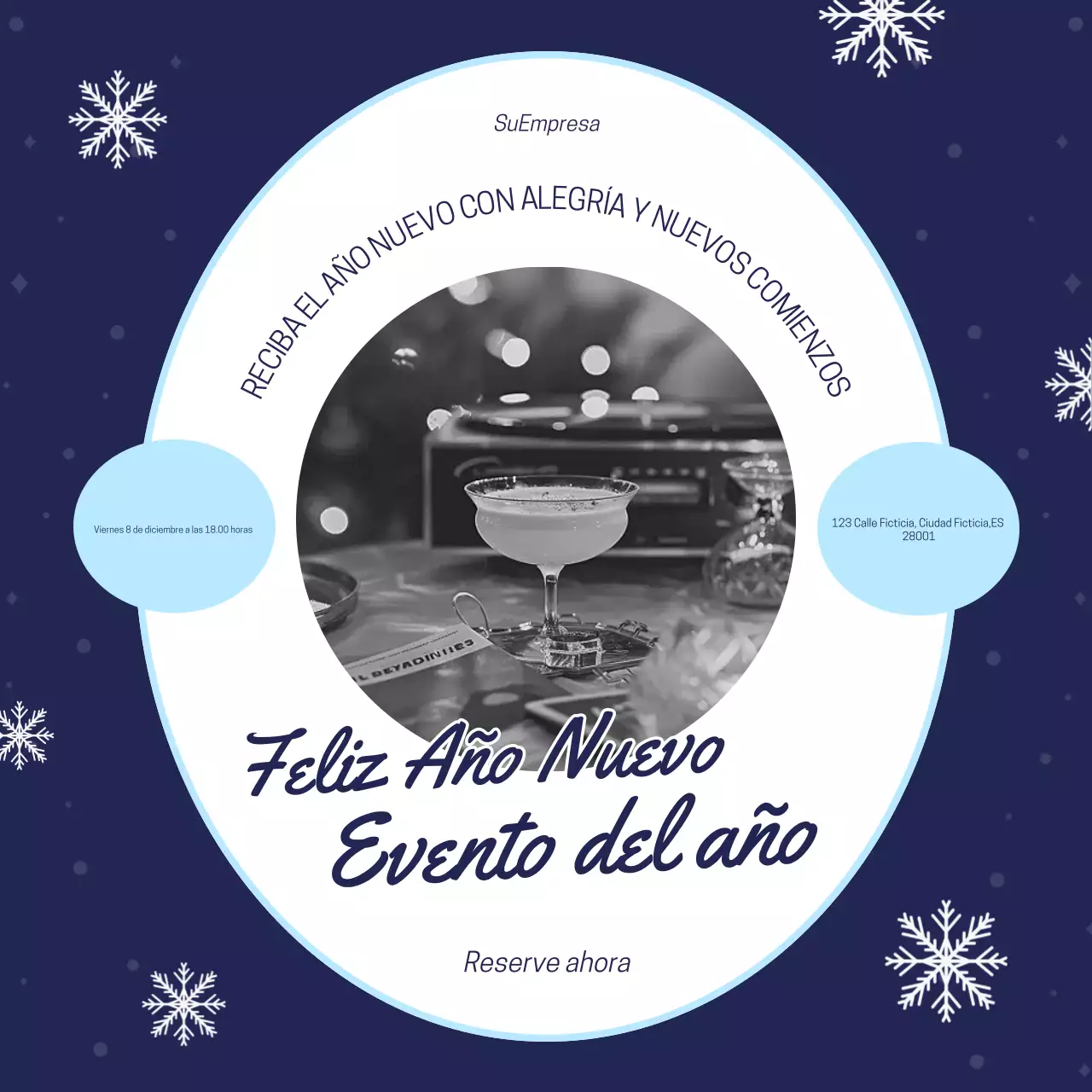 Evento de Año Nuevo sencillo y divertido en azul y blanco para redes sociales