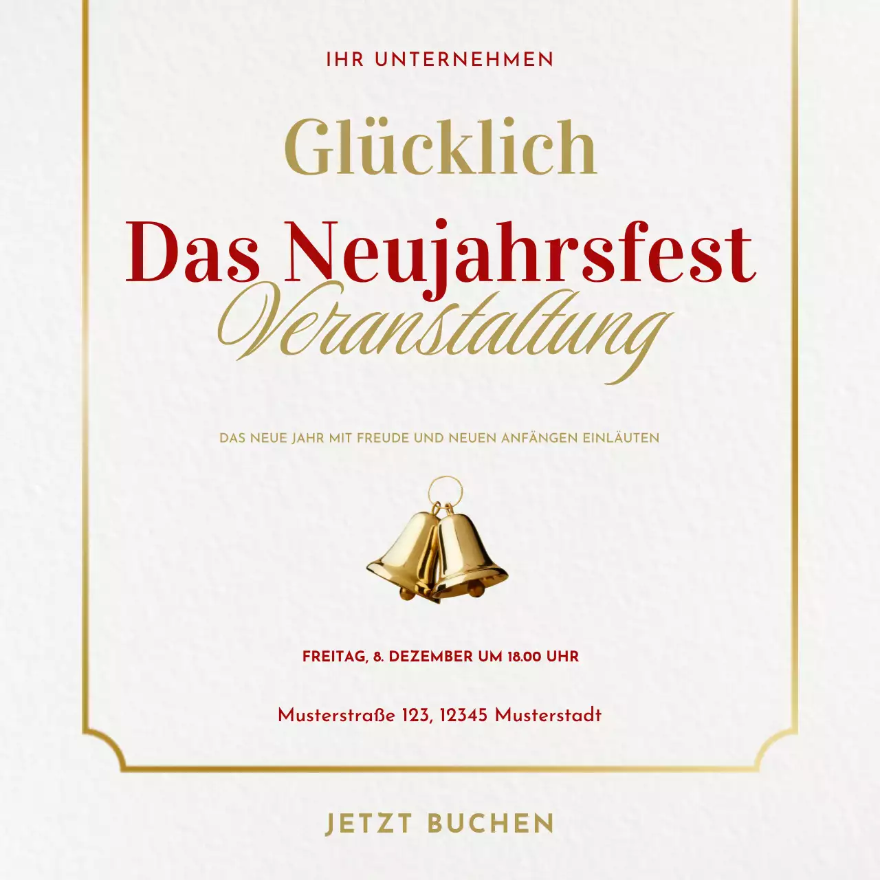 Elegantes, minimalistisches Social-Media-Feld für Silvesterveranstaltungen in Rot und Gold