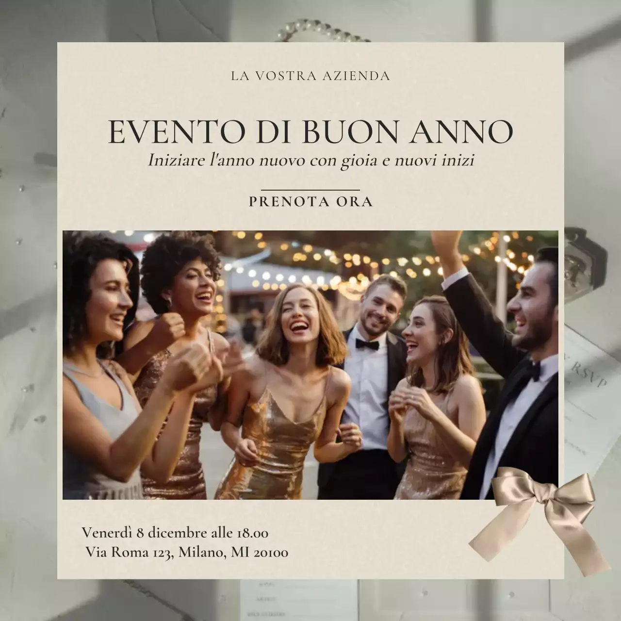 Evento di Capodanno minimalista beige e nero Social Media Square