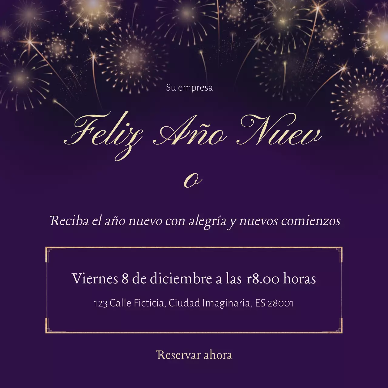 Evento minimalista de Año Nuevo en negro y dorado en formato cuadrado para redes sociales