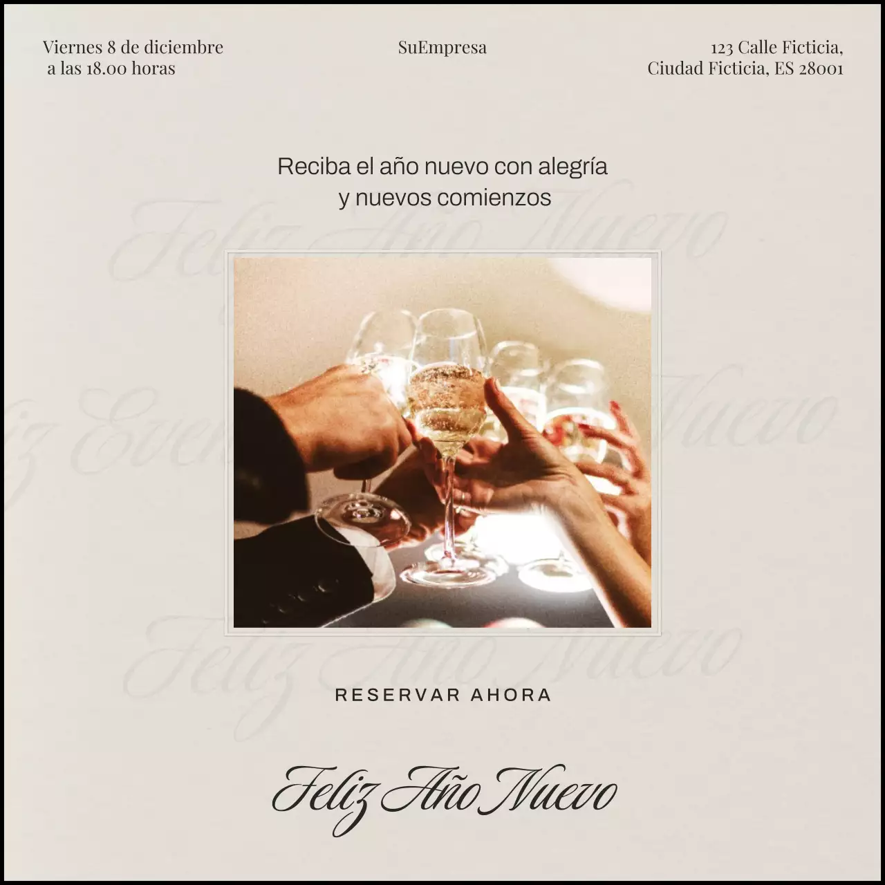 Evento de Año Nuevo minimalista y elegante en beige y negro. Cuadrado para redes sociales.