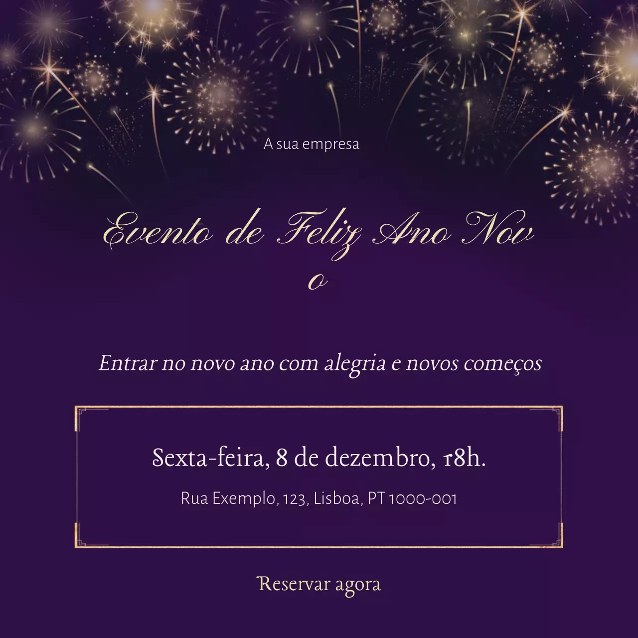 Quadrado minimalista preto e dourado para mídia social de evento de Ano Novo