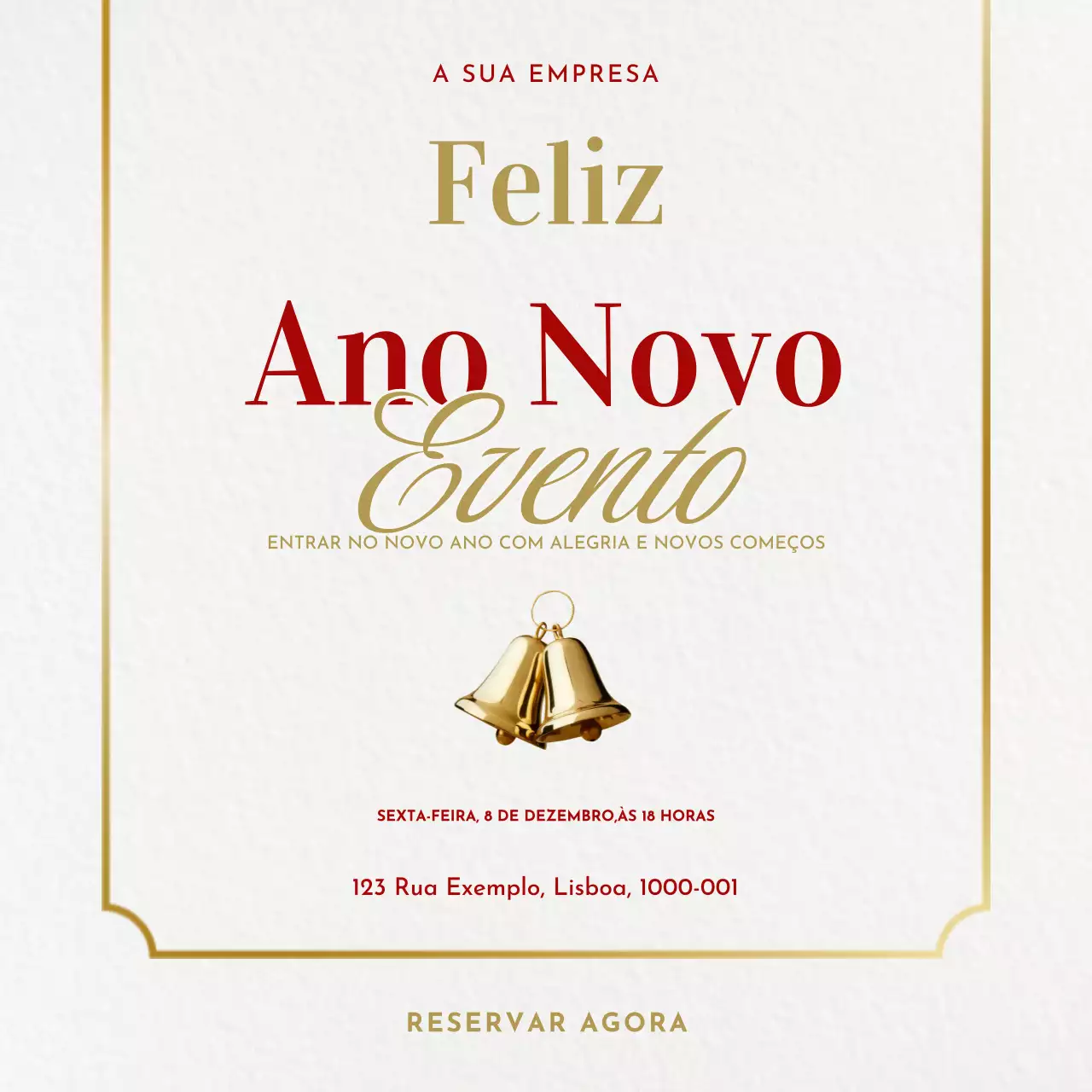 Quadrado para mídia social com design minimalista e elegante em vermelho e dourado para evento de Ano Novo.