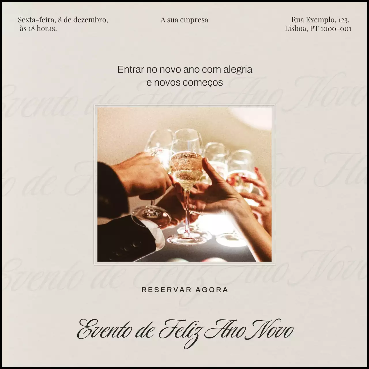 Quadrado para mídia social elegante e minimalista de Ano Novo em tons de bege e preto para evento de Ano Novo