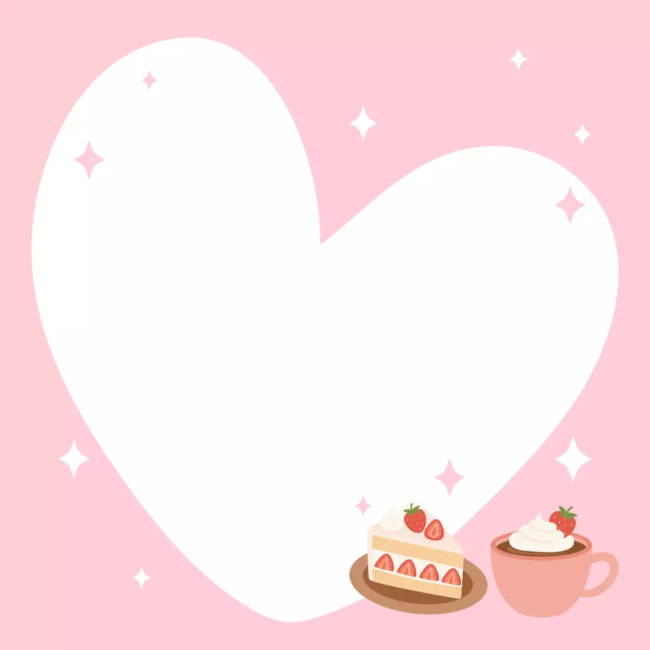 분홍색의 심플한 케이크와 핫초코 필기 문구