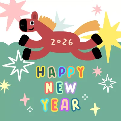 초록색 붉은색의 귀여운 붉은말과 반짝이는 장식이 들어간 병오년 2026 새해 인사