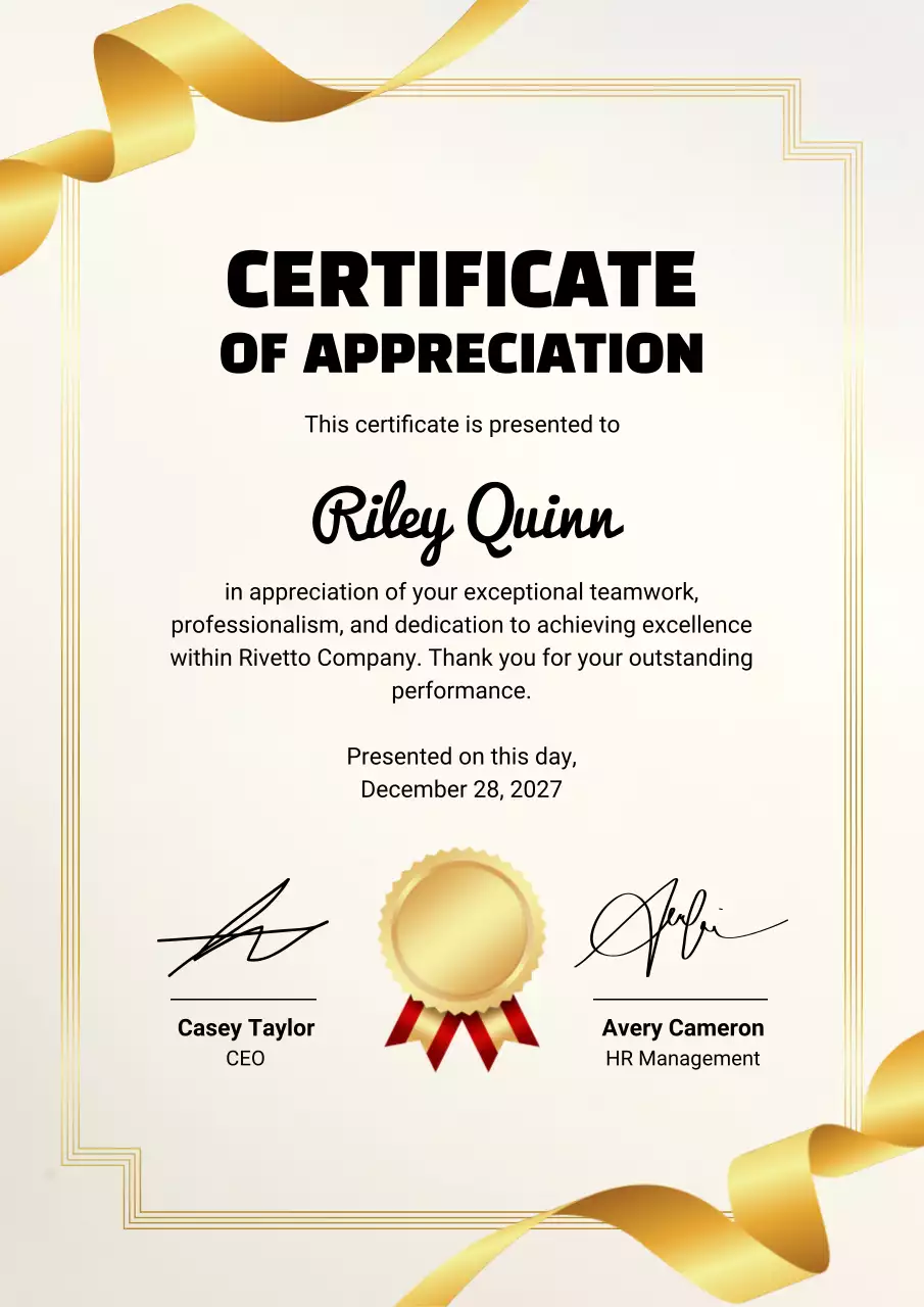 Gold Elegant Certificate of Appreciation