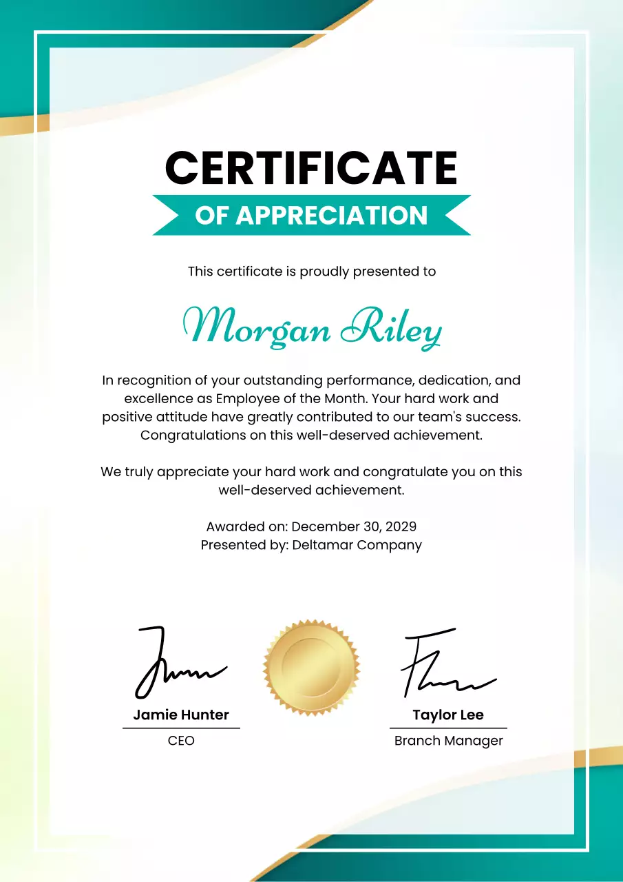 Teal Elegant Certificate of Appreciation