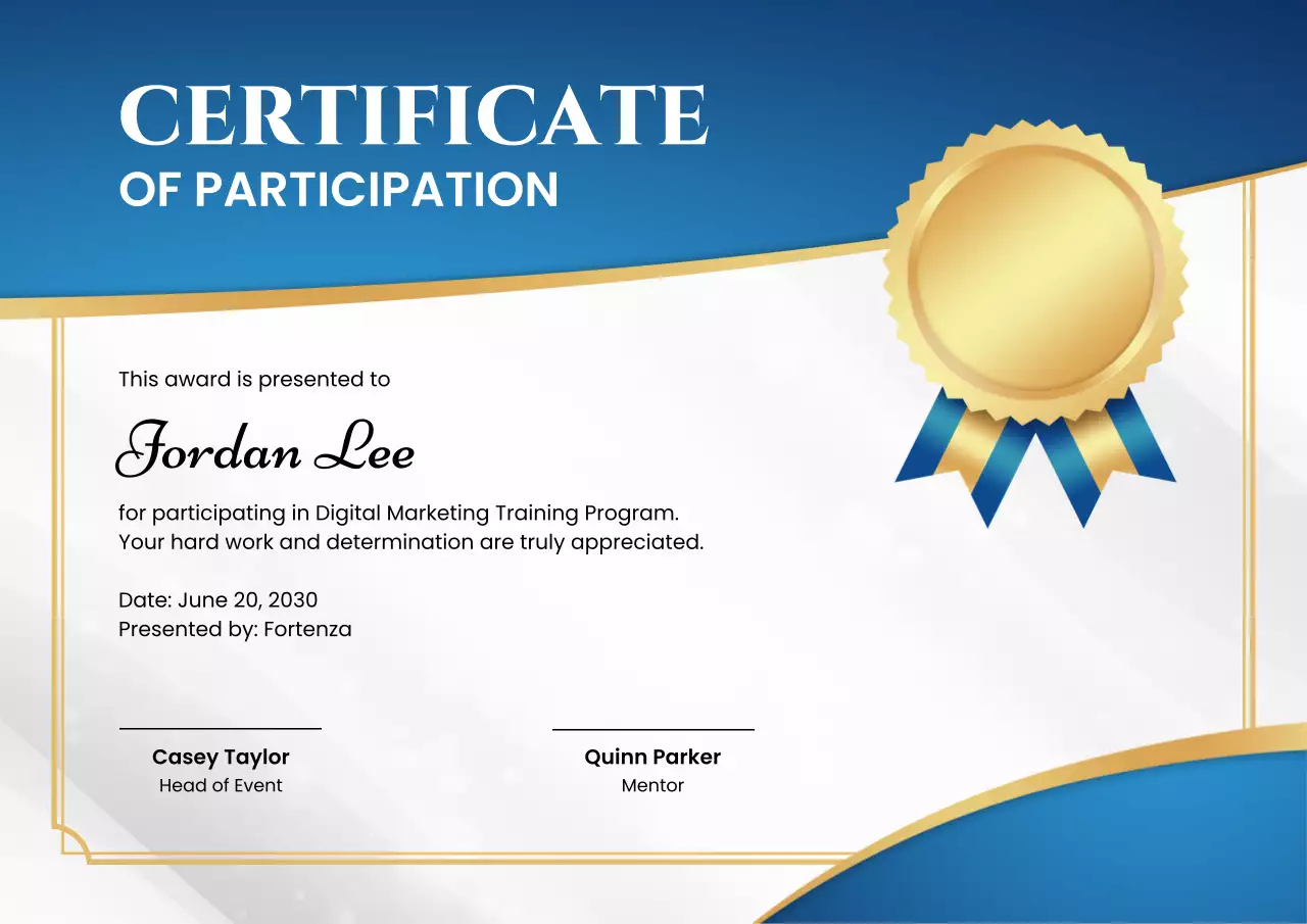 Blue Modern Certificate of Participation
