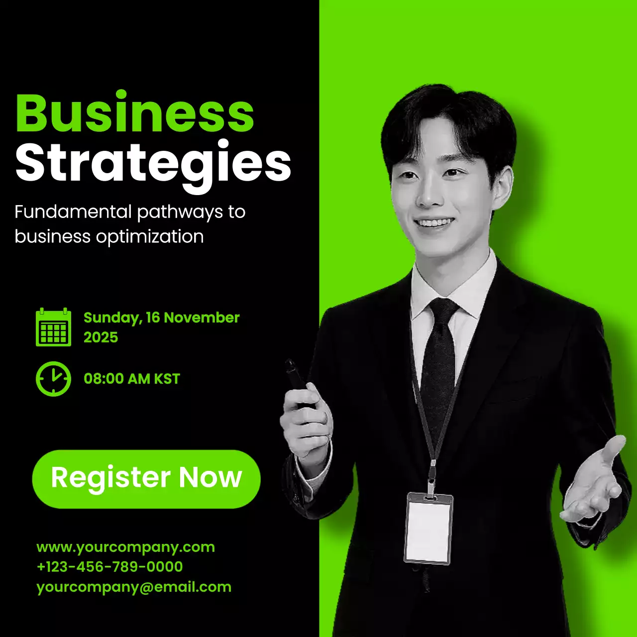 연두 모던 비즈니스 이벤트 홍보 Black and Green Simple Business Strategies Event Template