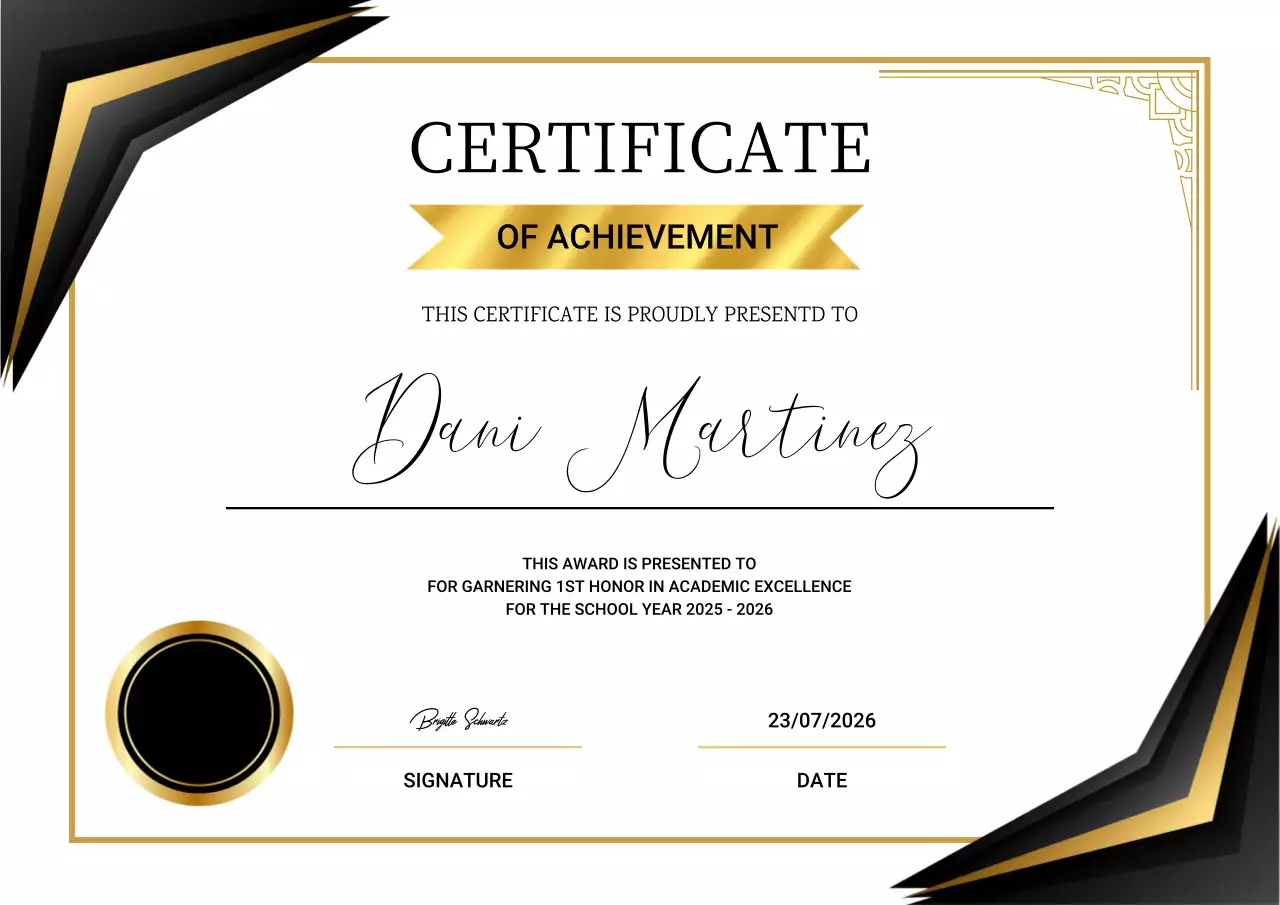 Black and gold elegant achievement certificate
