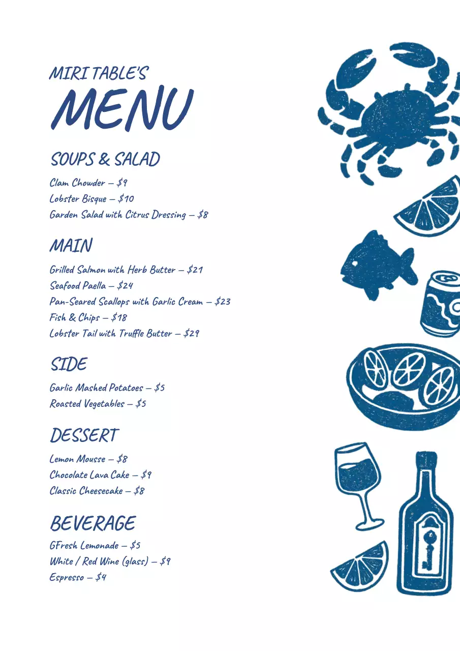 파랑 심플 레스토랑 메뉴판