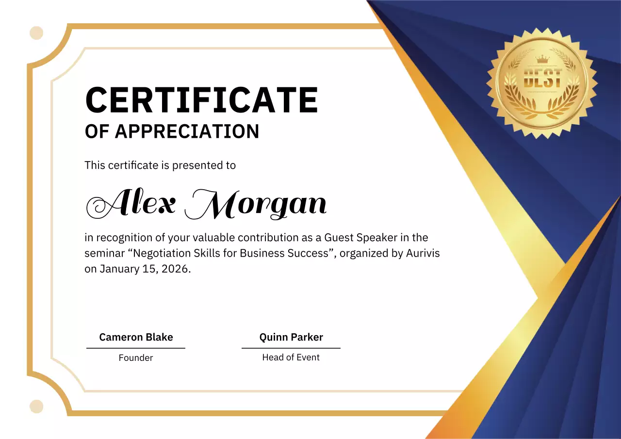 Gold Elegant Certificate of Appreciation