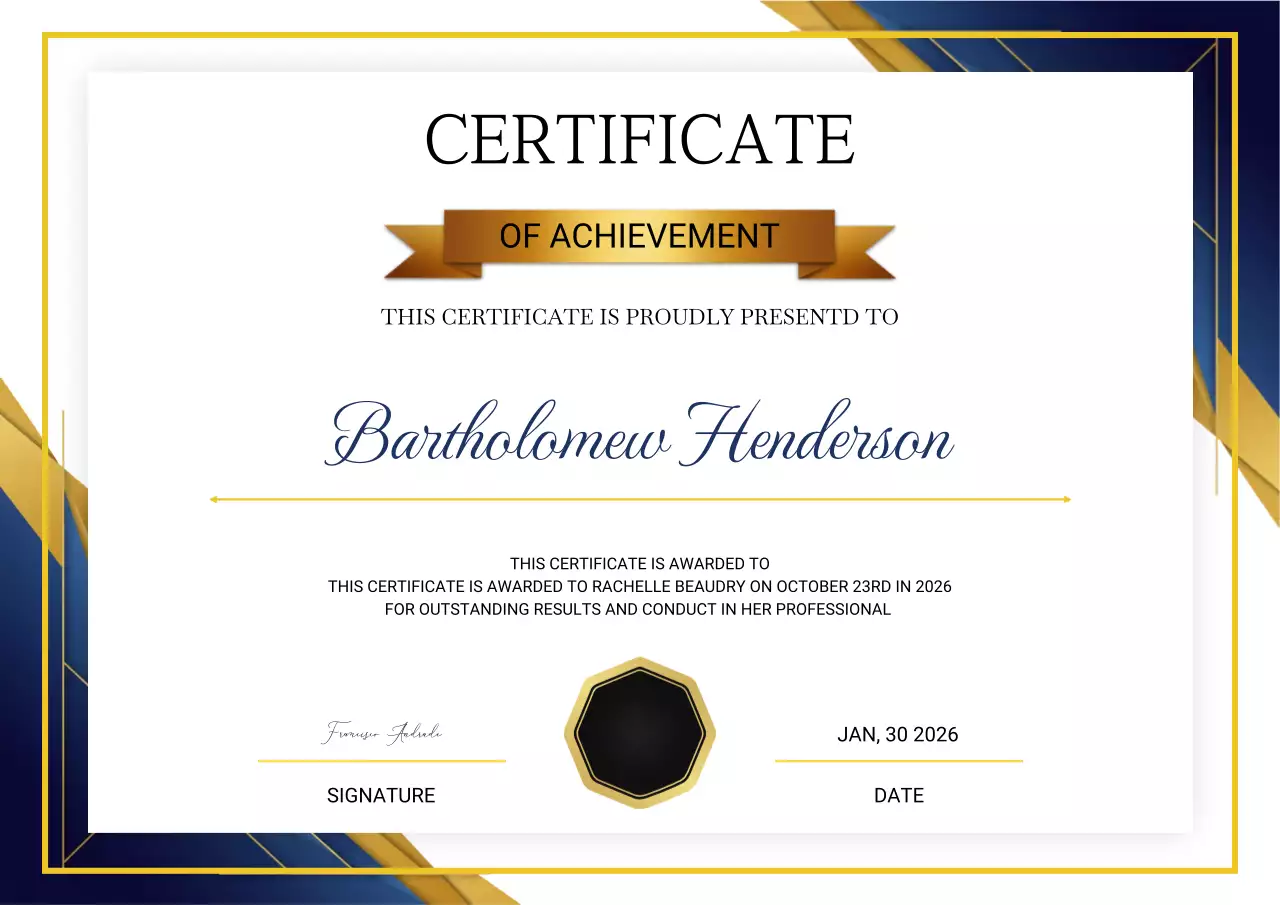 Blue and gold elegant achievement certificate