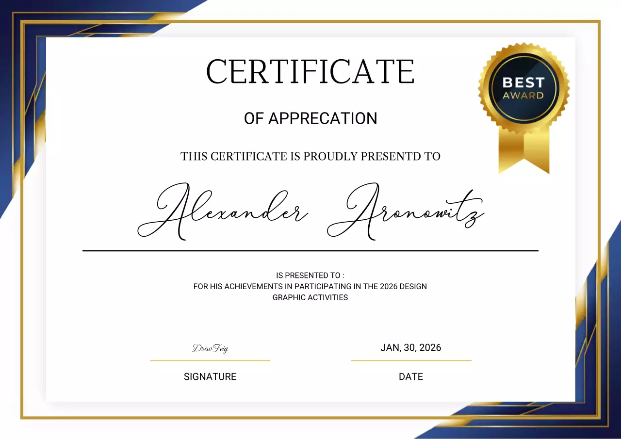 Certificado clássico azul e dourado