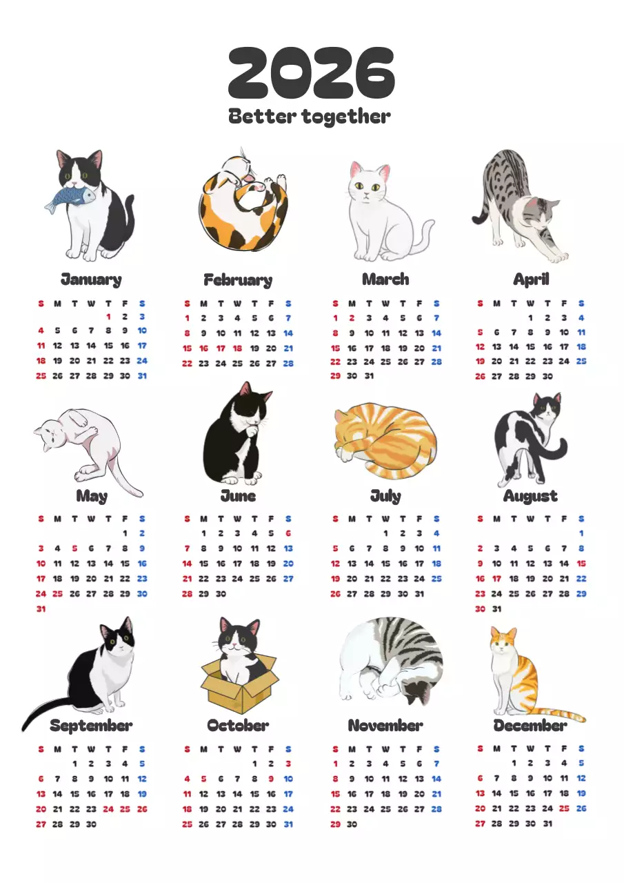 흰색 아기자기한 고양이 달력