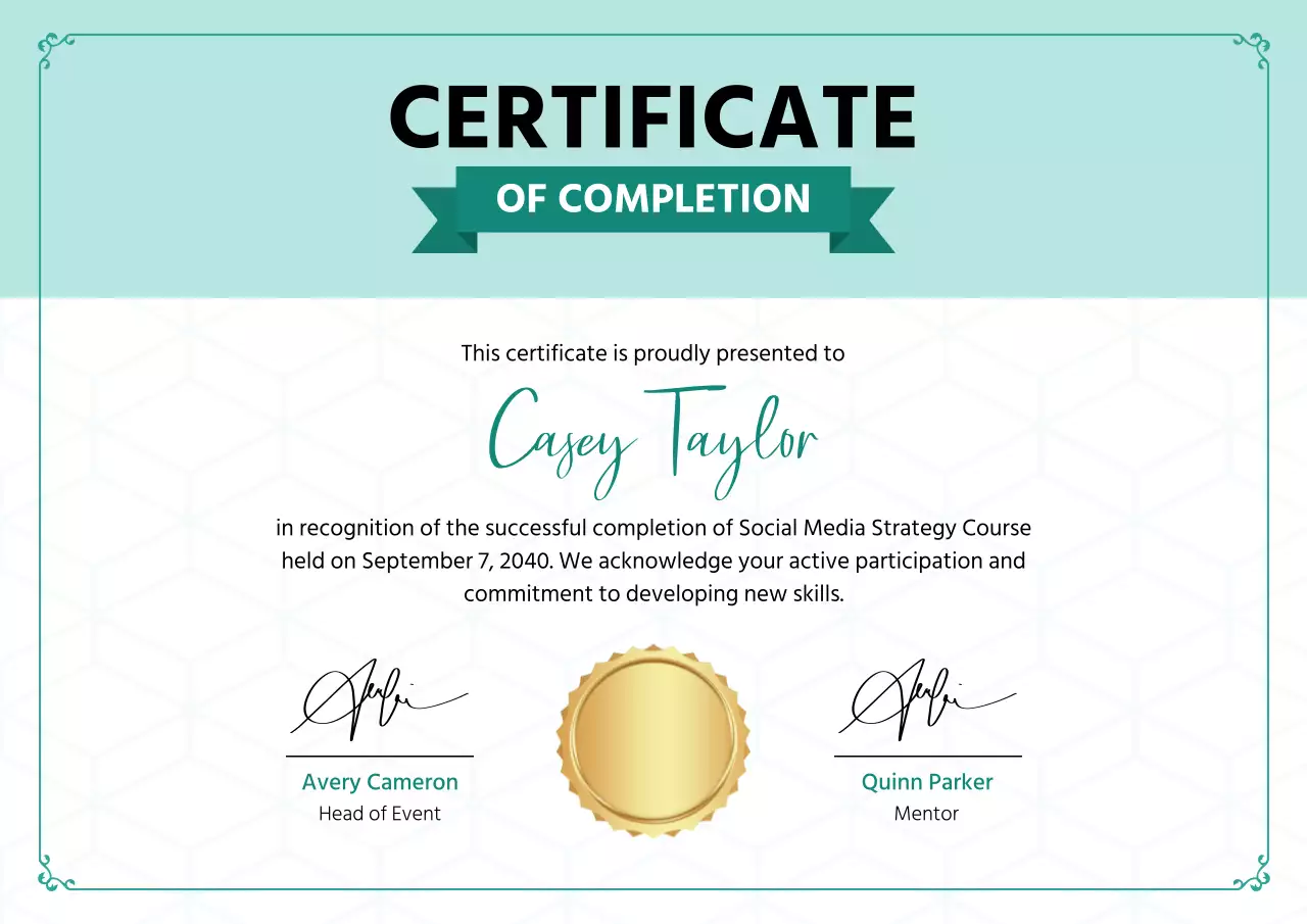 Teal Classic Certificate of Completion