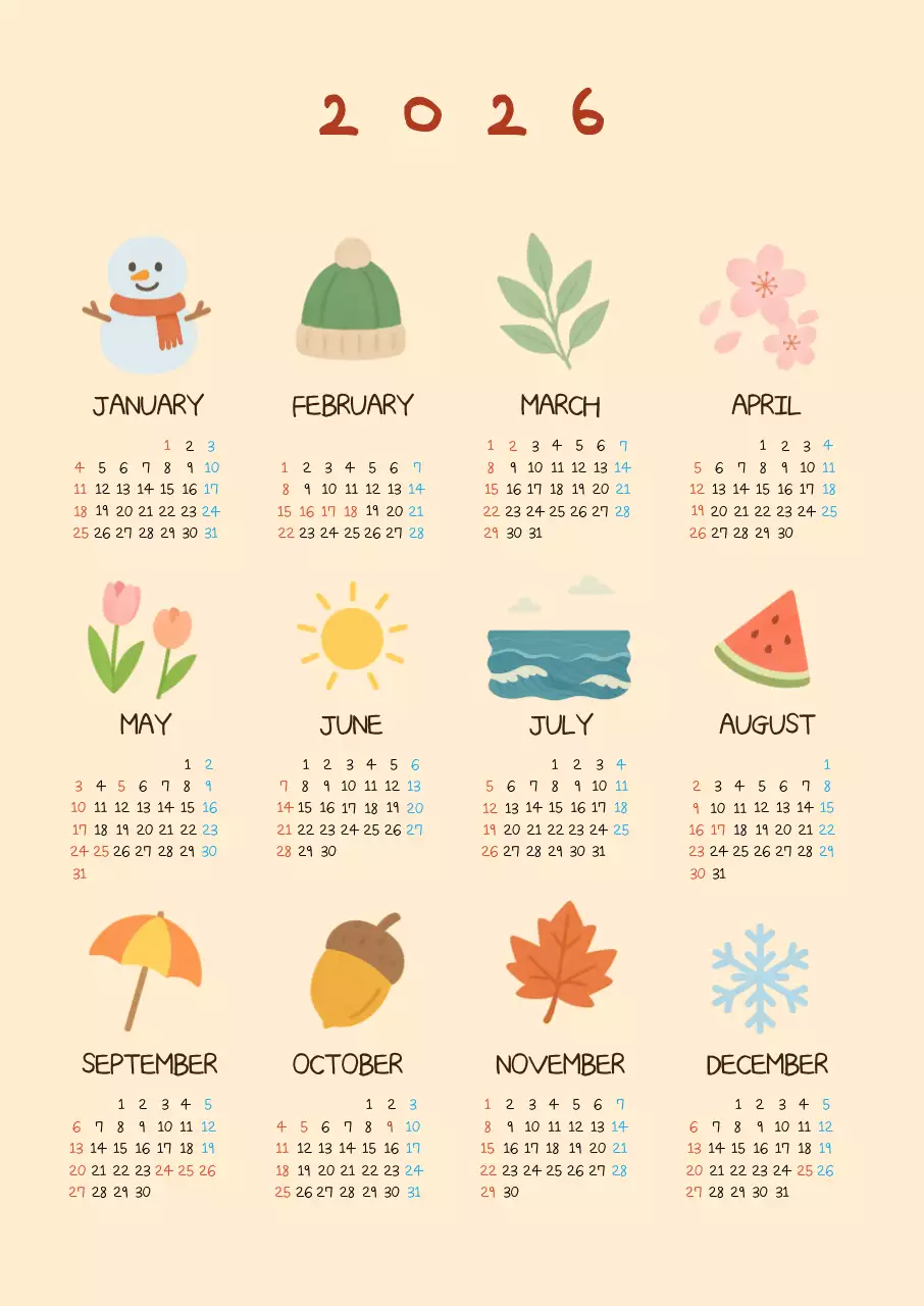 베이지 아기자기한 2026 달력 캘린더
