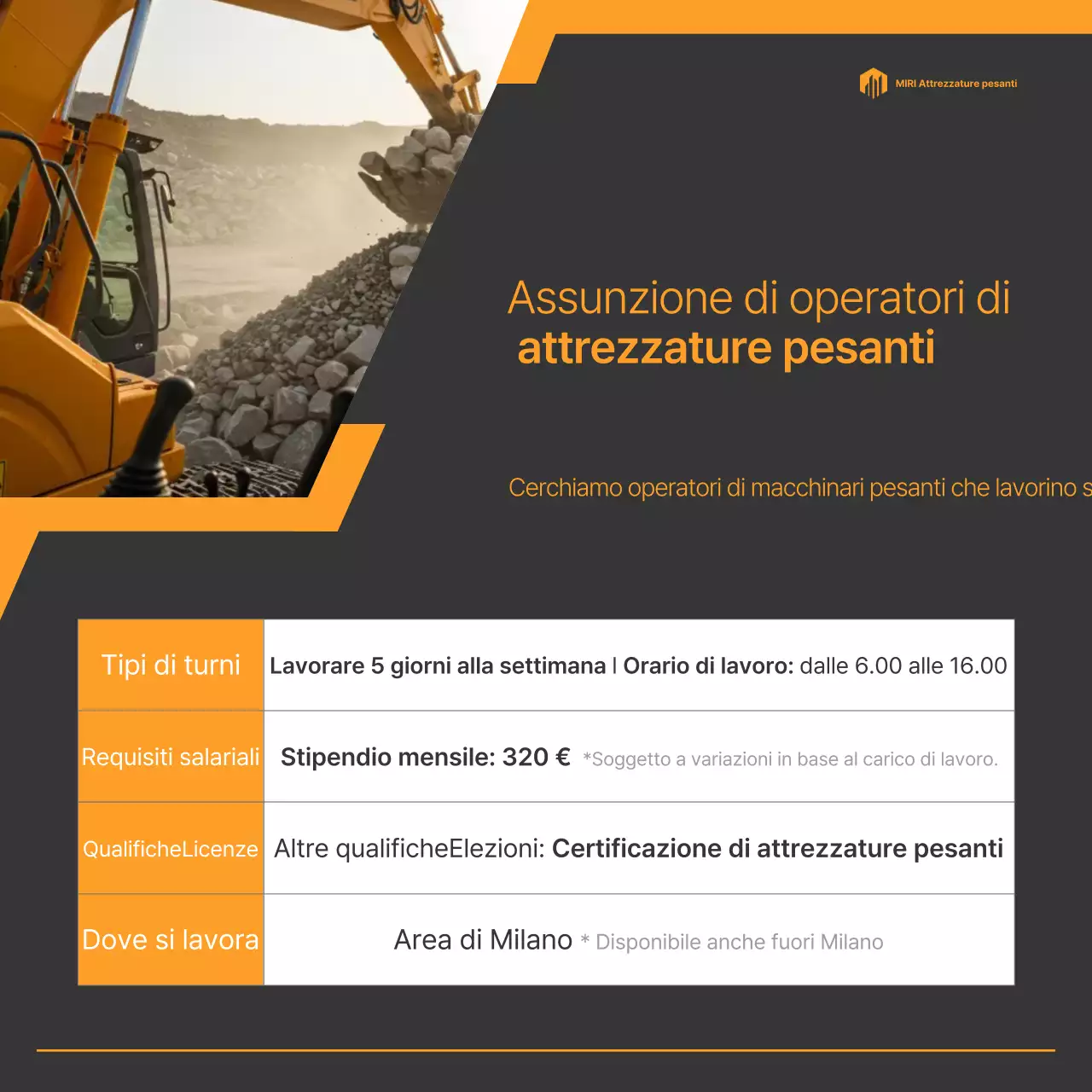 Avviso di reclutamento per operatori di attrezzature pesanti in grigio e arancione