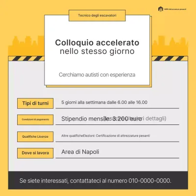 Annuncio di reclutamento semplice per operatori di macchinari pesanti gialli